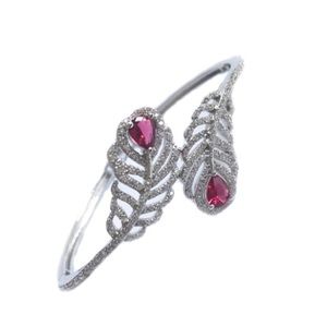 Rhodium Plated Feather with Created Ruby CZ Bangle